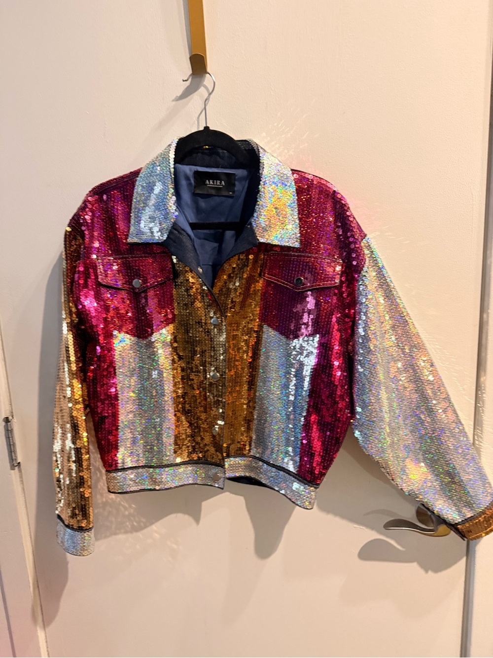 AKIRA Multicolor Sequin Patchwork Jean Jacket